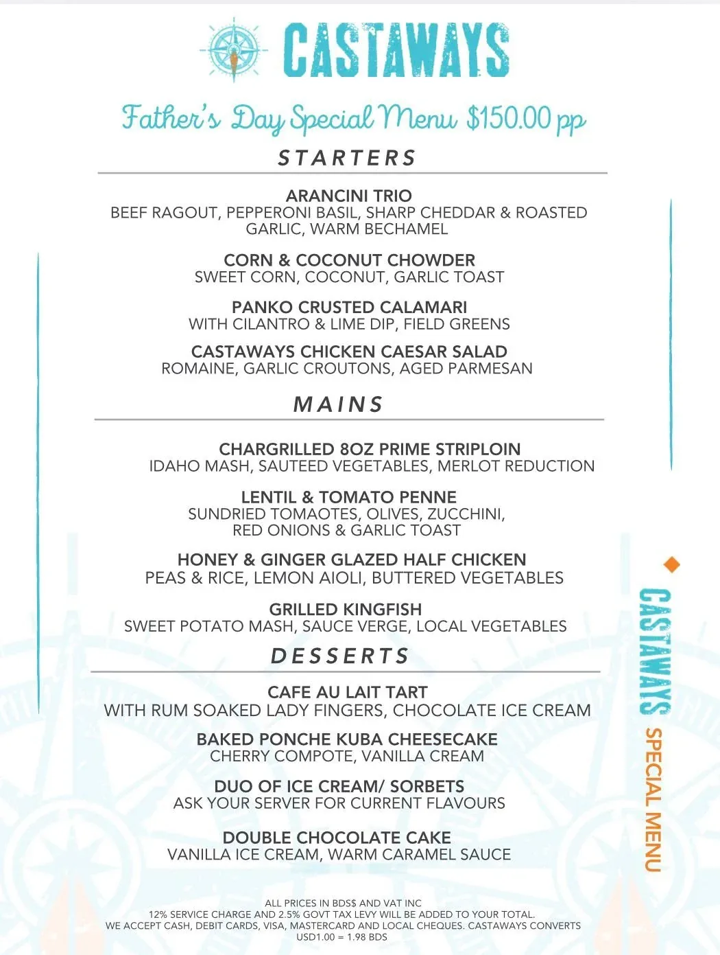 Castaways Father&rsquo;s Day set menu, Barbados