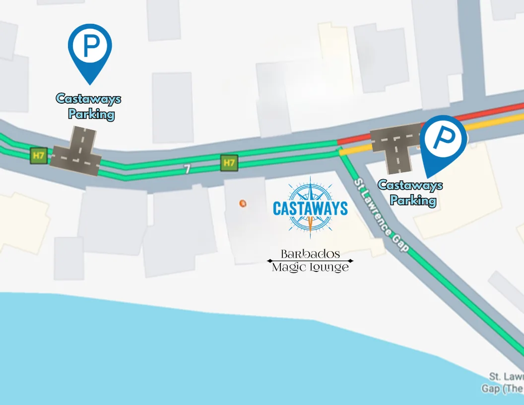 Map showing Castaways and its two free car parks on St. Lawrence Gap, Barbados