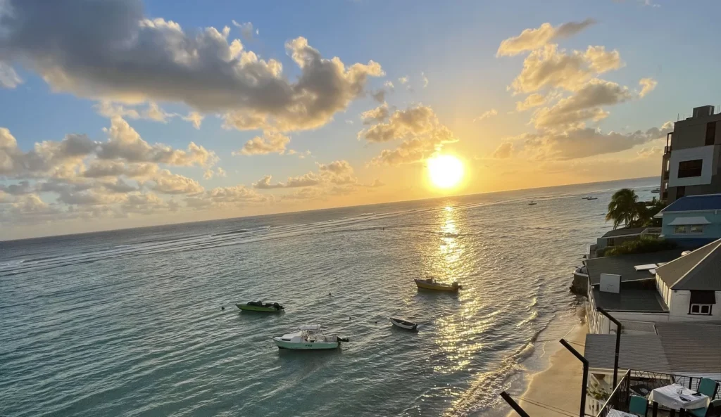 Sunset over the sea from the deck at Castaways, St. Lawrence Gap, Barbados